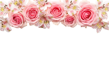 Delicate pink roses and alstroemeria flowers arranged in a floral garland isolated on transparent background