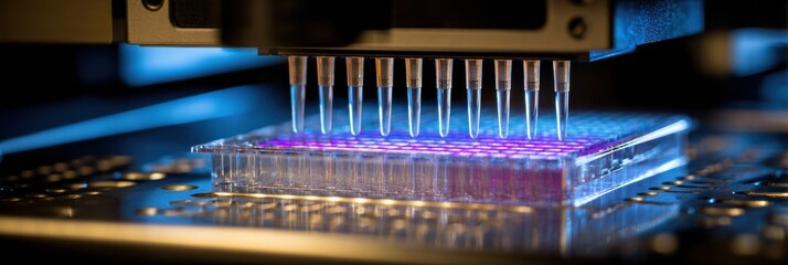 High-tech lab with a multi-pipette device transferring fluids onto a lit transparent plate, showcasing modern scientific techniques.
