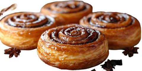 Close up photo of cinnamon rolls with dark filling