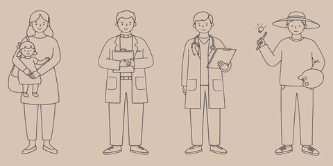 profession,character,people job worker character line art collection doctor construction fisherman team members illustration flat outline set