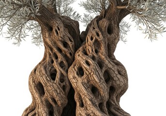 Majestic Ancient Olive Trees Displaying Gnarled Intertwined Trunks Against a Clean White Background