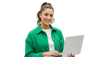 Young woman holding a laptop isolated on transparent background