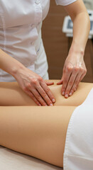 Fototapeta premium Woman masseuse massaging client leg with oils. Skincare and beauty treatment with professional therapy. For wellness and health.