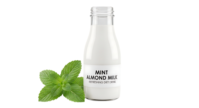 Bottle of mint almond milk isolated on transparent background with mint leaves