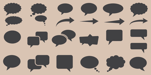 speech,bubble,chat icons pack with communication dialog boxes and arrows collection forward share symbols vector silhouette flat set