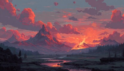 Fiery sunset over mountain valley