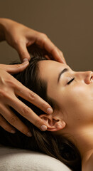 Obraz premium Woman getting head massage. Relaxing spa treatment for wellness and stress relief. Scalp therapy for beauty routine.