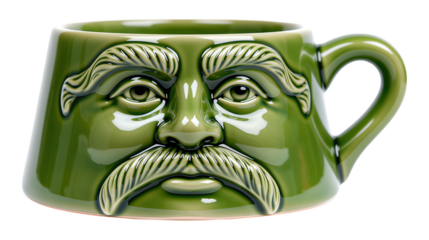 Green Ceramic Mug with Beard Design, Glossy Finish on Transparent Background, Whimsical Asset for Digital Media