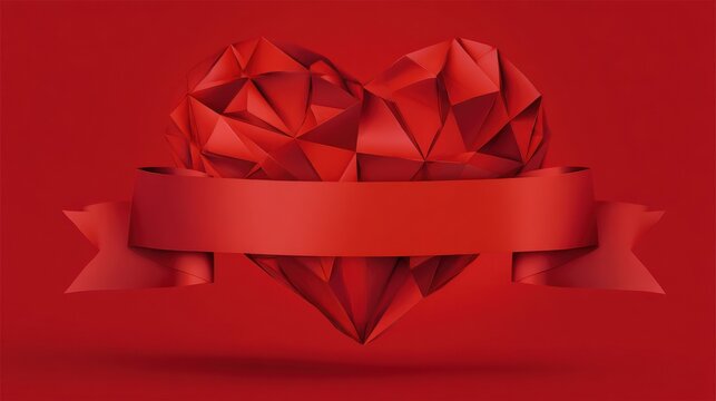 A vivid red polygonal heart is centered against a bold red backdrop, featuring a smooth ribbon below for customizable text or messages. - Powered by Adobe