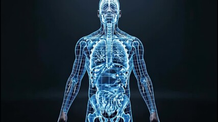 A futuristic 3d scan of the human body revealing internal anatomy. Holographic wireframe model showing the skeleton, organs, and nervous system. Medical technology and digital health concept - Powered by Adobe