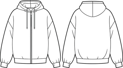 Hoodie jacket flat sketch front and back view, vector fashion cad drawing, zip up hooded sweatshirt design, apparel technical illustration template © Its Marjia's World