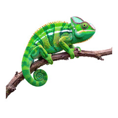 Obraz premium Green Chameleon on Branch, Glossy 3D Realism Cutout with Transparent Background