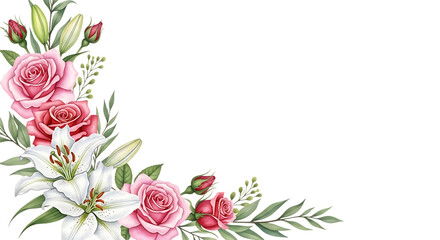Pink roses and white lilies floral arrangement isolated on transparent background © Md