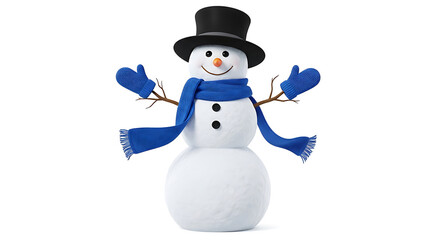 Cheerful Snowman Wearing a Top Hat Scarf and Mittens on a White Background winter character