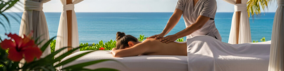 Obraz na płótnie Canvas Woman on massage table receiving back massage. Relaxing spa treatment with ocean view. Wellness and body care concept.