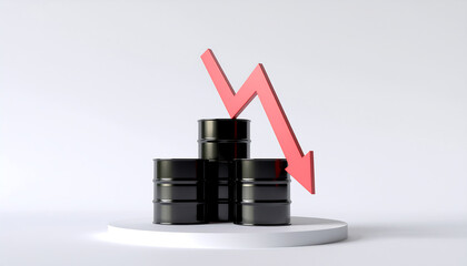 Oil barrels with a red downward arrow indicating price drop