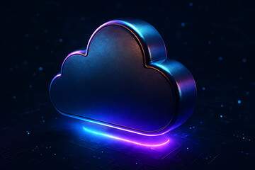 Futuristic neon cloud icon on dark background with glowing lights