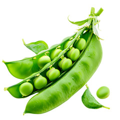 Open green pea pod with fresh peas and leaves