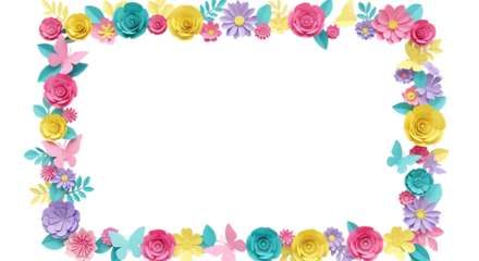 Colorful floral border with butterflies isolated on transparent background