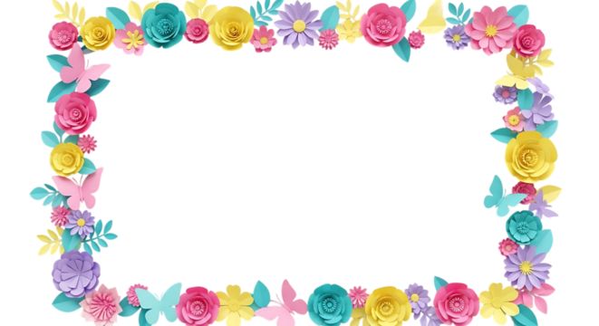 Colorful floral border with butterflies isolated on transparent background