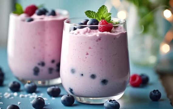 Two creamy pink blueberry and raspberry yogurt smoothies in glasses with fresh berries and mint garnish on a soft bokeh background.