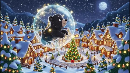 Animated story of a cute bear's magical Christmas journey. A bear floats in a bubble over a festive winter village at night. Whimsical holiday fantasy concept - Powered by Adobe