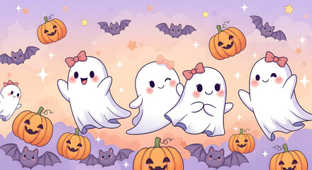 Naklejka premium Spooky Gathering: Adorable, smiling ghost characters amidst playful pumpkins and bats, creating a cheerful Halloween ambiance.