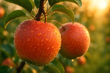 Obraz premium Vibrant macro photo of ripe apples with fresh dew drops on a tree branch