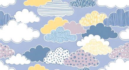 Fototapeta premium Celestial Canvas of Clouds: A dreamy illustration where fluffy clouds in a kaleidoscope of hues dance across a pale blue sky, evoking a sense of tranquility.