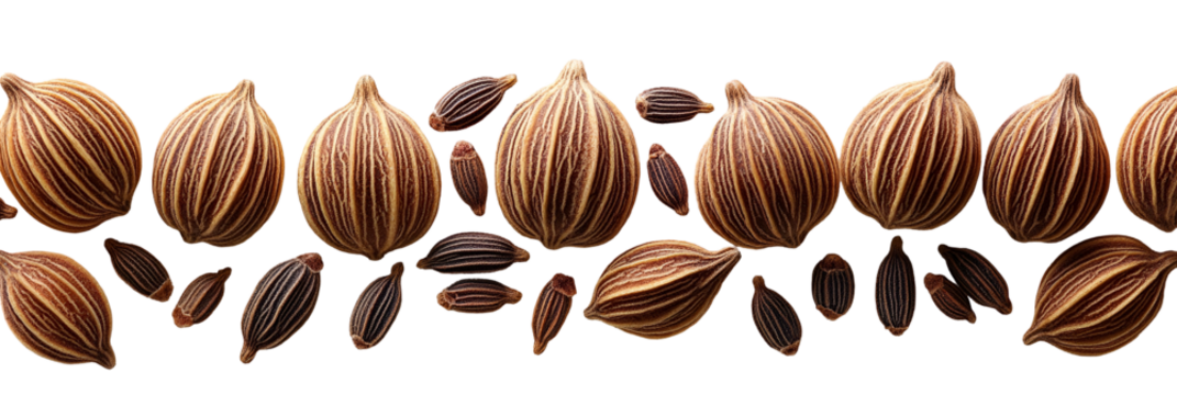 Close up view of seeds or spices in horizontal row