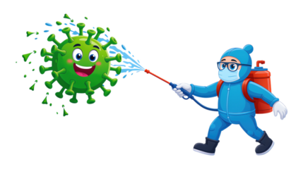 Green Virus Sprayed with Blue Character on Transparent Background, 3D Realism Illustration for Digital Media