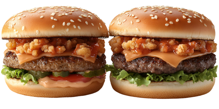 Close up view of two small burgers with transparent background