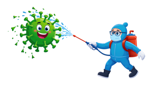 Green Virus Sprayed with Blue Character on Transparent Background, 3D Realism Illustration for Digital Media - Powered by Adobe