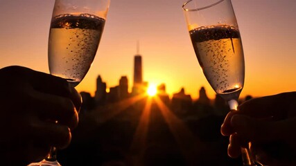 Two champagne glasses clink together in a toast against a vibrant sunset over a cityscape, symbolizing celebration and new beginnings