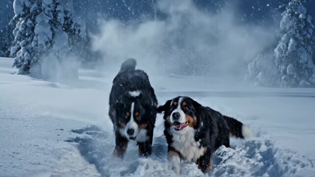 Two bernese mountain dogs joyfully play and splash through deep snow in a winter forest, kicking up powder in the crisp, cold air