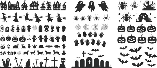 Halloween silhouette set, haunted house ghost witch icons, spooky pumpkin bat graveyard designs, creepy festive artwork, eerie seasonal illustration collection