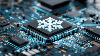 Detailed close-up of a circuit board highlights a snowflake symbol on a microprocessor, surrounded by various electronic components and connections