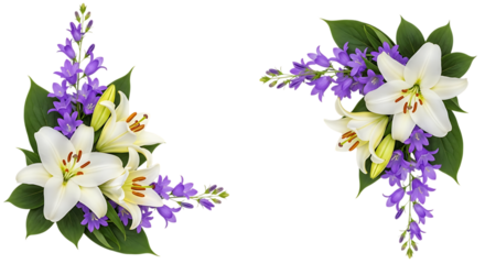 Two elegant white lily floral arrangements with purple flowers isolated on transparent background