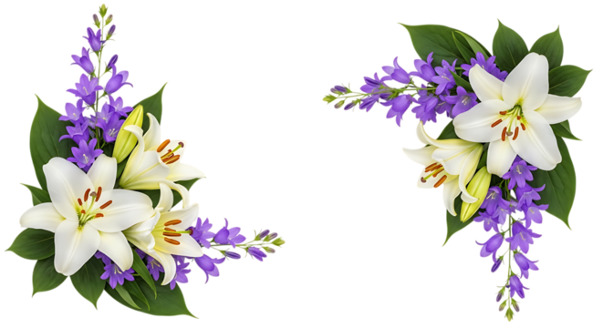 Two elegant white lily floral arrangements with purple flowers isolated on transparent background