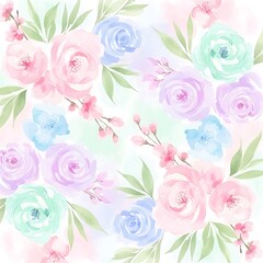 Pastel Watercolor Floral Pattern with Roses and Leaves.