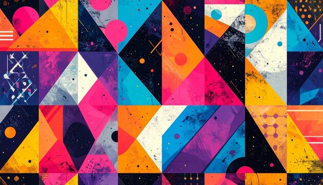 Vibrant colorful geometric pattern design with triangles and shapes