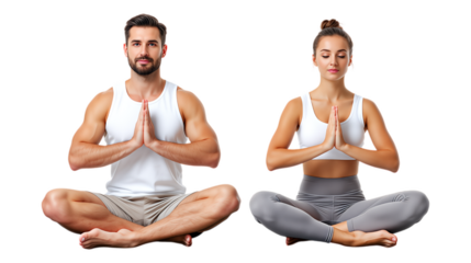 Man and Woman Meditating in White on Transparent Background, Minimalist Yoga Illustration