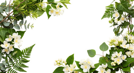 Frame of white flowers and green leaves isolated on transparent background