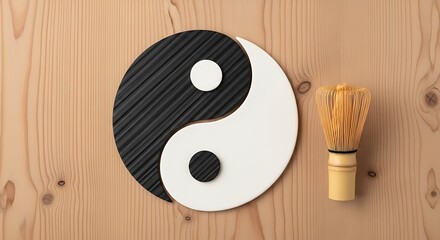 A stylish Yin Yang symbol with a textured black half and a smooth white half, placed next to a traditional Japanese Chasen whisk on a natural wood grain surface. Tea and Zen concept.