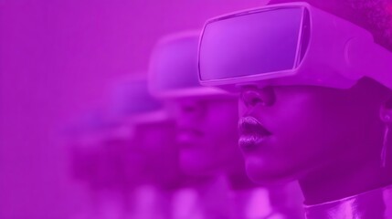 Woman exploring virtual reality. African american girl in futuristic VR headset. Cyber world and digital data. Future innovative technology concept.