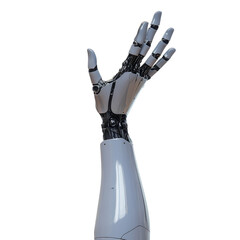Naklejka premium Detailed robotic arm with exposed mechanics, a human-like hand reaching up, concept of advanced AI, isolated on transparent background. Robotics, AI, Future, Machine
