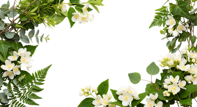 Frame of white flowers and green leaves isolated on transparent background