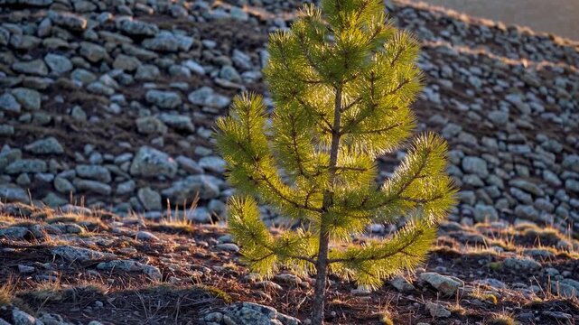 Petit pin illumin&eacute; par le soleil sur sol rocailleux