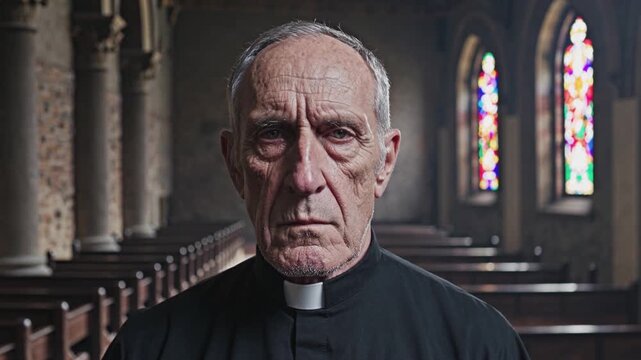 Pr&ecirc;tre &acirc;g&eacute; debout dans une &eacute;glise ancienne &eacute;clair&eacute;e par des vitraux