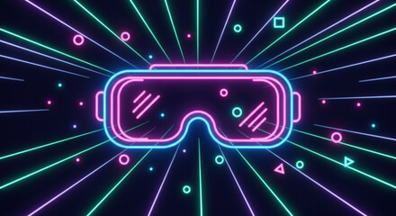 Neon virtual reality glasses with geometric shapes and light rays, futuristic technology for gaming and entertainment, immersive digital experience concept